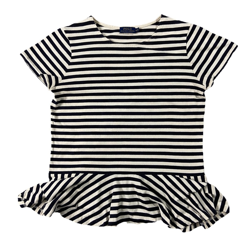 Polo Ralph Lauren Shirt Sleeve Peplum Tee Navy Cream Stripe Women's M